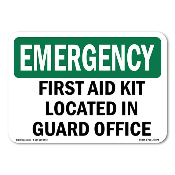 SignMission OS-EM-D-35-L-10373 OSHA Emergency Sign - First Aid Kit Located in Guard Office