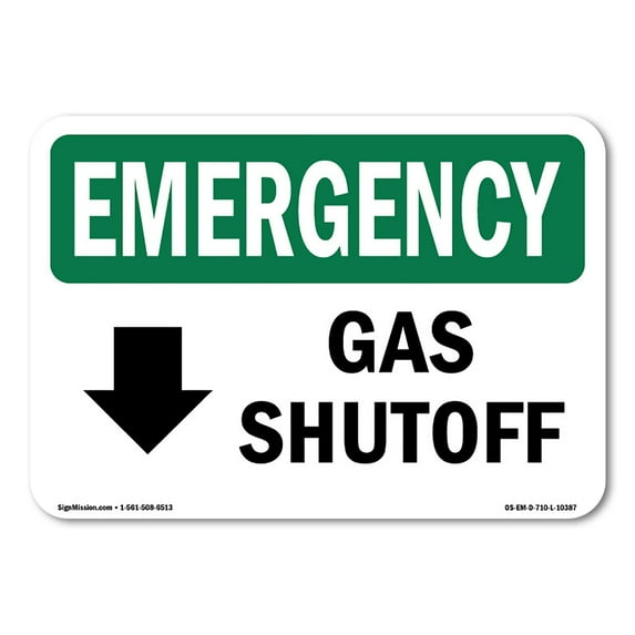 SignMission OS-EM-D-35-L-10387 OSHA Emergency Sign - Gas Shutoff Down Arrow with Symbol