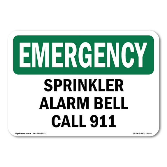 SignMission OS-EM-D-35-L-10421 OSHA Emergency Sign - Sprinkler Alarm Bell Call 911
