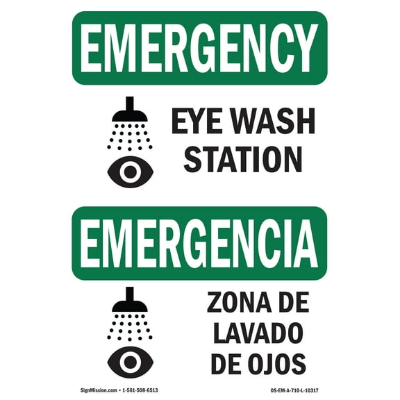 SignMission OS-EM-P-710-L-10317 Emergency Eye Wash Station Bilingual OSHA Plastic Sign