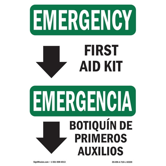 SignMission OS-EM-P-710-L-10320 7 x 10 in. OSHA Emergency Sign - First Aid Kit Bilingual