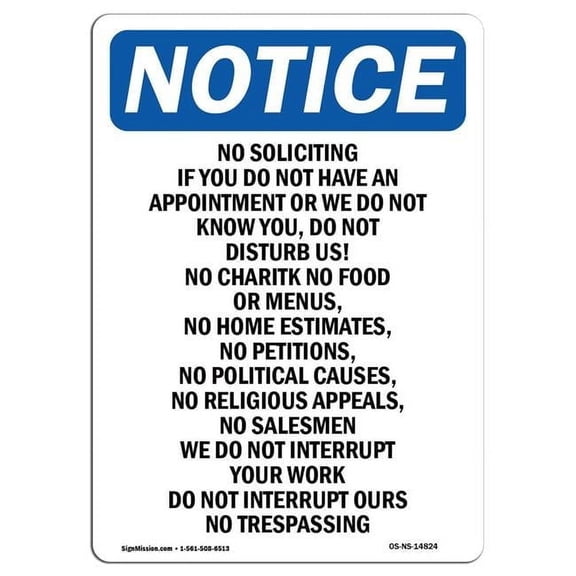 SignMission OS-NS-A-1014-V-14824 10 x 14 in. OSHA Notice Sign - No Soliciting If You Do Not Have