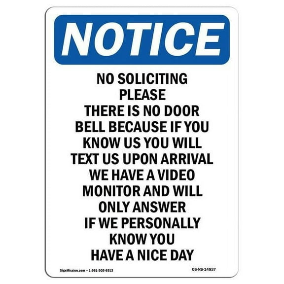 SignMission OS-NS-A-1218-V-14837 12 x 18 in. OSHA Notice Sign - No Soliciting Please There is No Door Bell