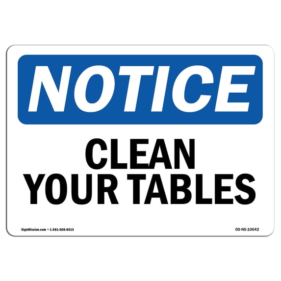 SignMission OS-NS-A-1824-L-10642 18 x 24 in. OSHA Notice Sign - Clean Your Tables