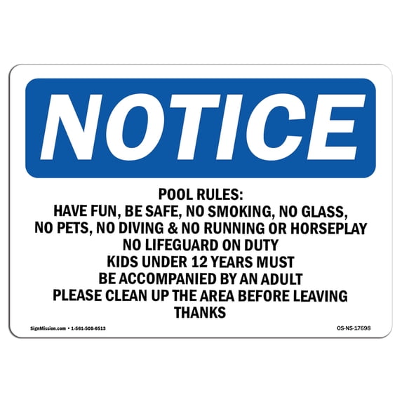 SignMission OS-NS-A-1824-L-17698 18 x 24 in. OSHA Notice Sign - Pool Rules No Running, No Rough Play