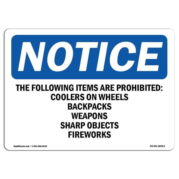 OSHA Notice Sign - The Following Items Are Prohibited Coolers | Aluminum Sign | Protect Your Business, Work Site, Warehouse & Shop Area | Made in the USA