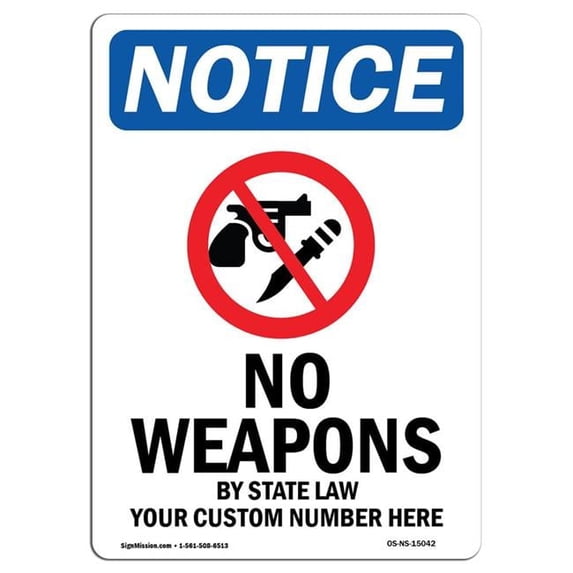 SignMission OS-NS-A-1824-V-15042 18 x 24 in. OSHA Notice Sign - No Weapons by State