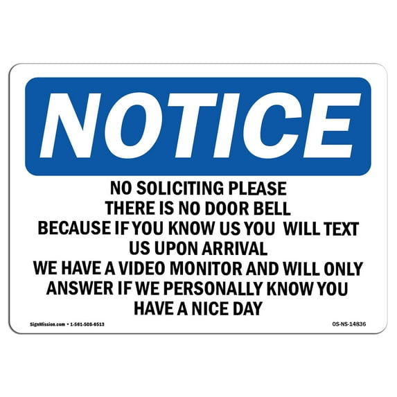 SignMission OS-NS-D-35-L-14836 OSHA Notice Sign - No Soliciting Please There Is No Door Bell