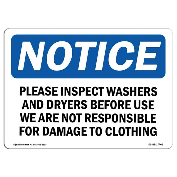 SignMission OS-NS-D-35-L-17465 OSHA Notice Sign - Please Inspect Washers & Dryers Before