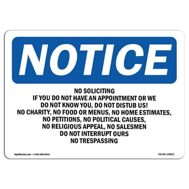 SignMission OS-NS-D-57-L-14823 OSHA Notice Sign - No Soliciting If You Do Not Have An Appointment