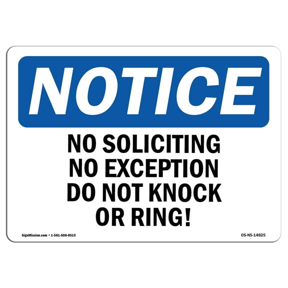 SignMission OS-NS-D-57-L-14825 OSHA Notice Sign - No Soliciting No Exceptions Do Not Knock or Ring