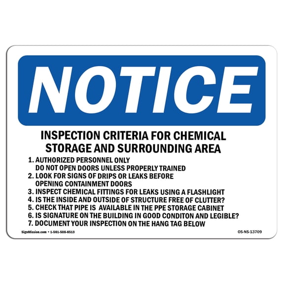 SignMission OS-NS-P-1014-L-13709 OSHA Notice Sign - Inspection Criteria for Chemical Storage