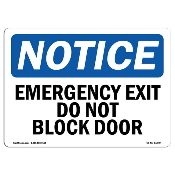 OSHA Notice Sign - Emergency Exit Do Not Block Door | Plastic Sign | Protect Your Business, Construction Site, Warehouse & Shop Area | Made in the USA