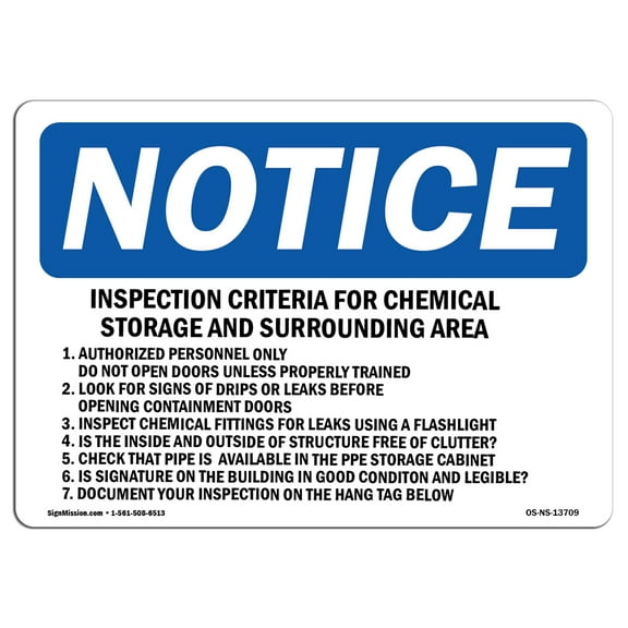 SignMission OS-NS-P-710-L-13709 OSHA Notice Sign - Inspection Criteria for Chemical Storage