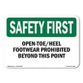 thumbnail image 1 of SignMission OS-SF-A-1824-L-10683 18 x 24 in. OSHA Safety First Sign - Open-Toe Heel Footwear Prohibited Beyond, 1 of 6