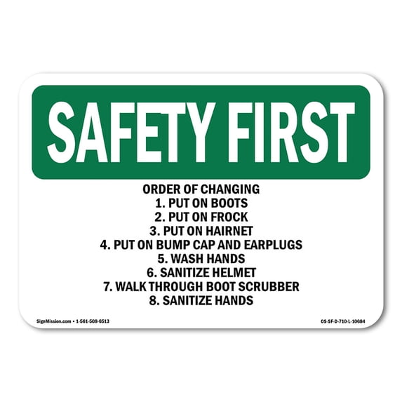 OSHA SAFETY FIRST Sign - Order Of Changing 1. Put On Boots 2. Put | Aluminum Sign | Protect Your Business, Work Site, Warehouse | Made in the USA