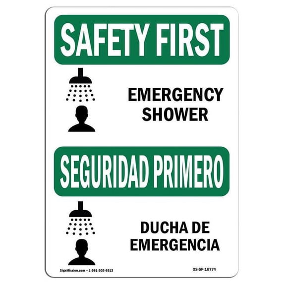 SignMission OS-SF-A-1824-L-10774 18 x 24 in. OSHA Safety First Sign - Emergency Shower Bilingual