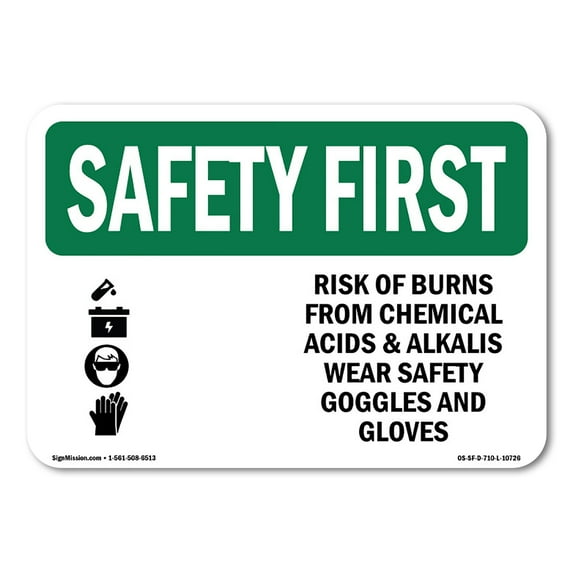 SignMission OS-SF-P-1824-L-10726 OSHA Safety First Sign - Risk Of Burns From Chemical with Symbol