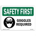 thumbnail image 1 of SignMission OS-SF-P-710-L-10631 OSHA Safety First Sign - Goggles Required with Symbol, 1 of 5
