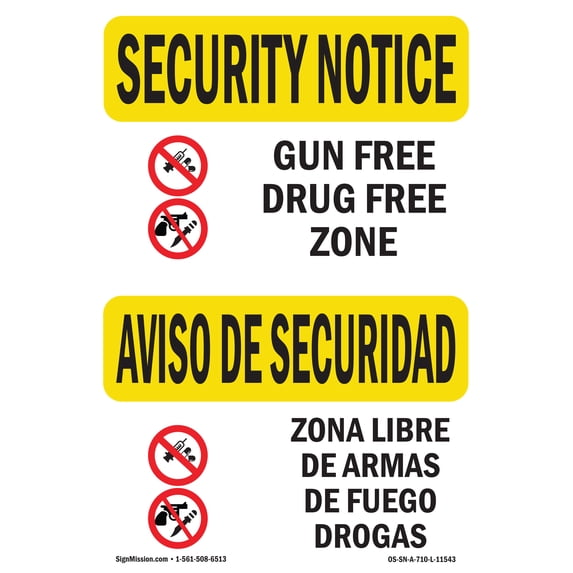 SignMission OS-SN-A-1824-L-11543 18 x 24 in. OSHA Security Notice Sign - Gun Free Drug Free Zone Bilingual