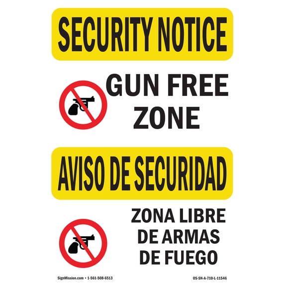 SignMission OS-SN-A-1824-L-11546 18 x 24 in. OSHA Security Notice Sign - Gun Free Zone Bilingual