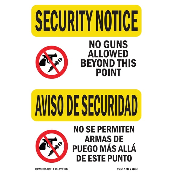 SignMission OS-SN-A-1824-L-11613 18 x 24 in. OSHA Security Notice Sign - No Guns Allowed Bilingual