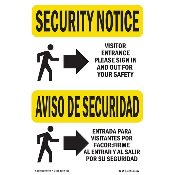 SignMission OS-SN-A-1824-L-11662 18 x 24 in. OSHA Security Notice Sign - Visitor Entrance Sign in Bilingual