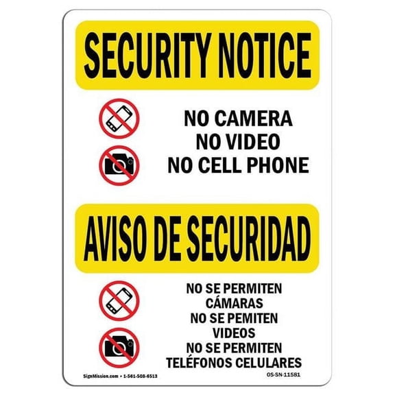 SignMission OS-SN-A-710-L-11581 7 x 10 in. OSHA Security Notice Sign - No Camera Video Cell Bilingual