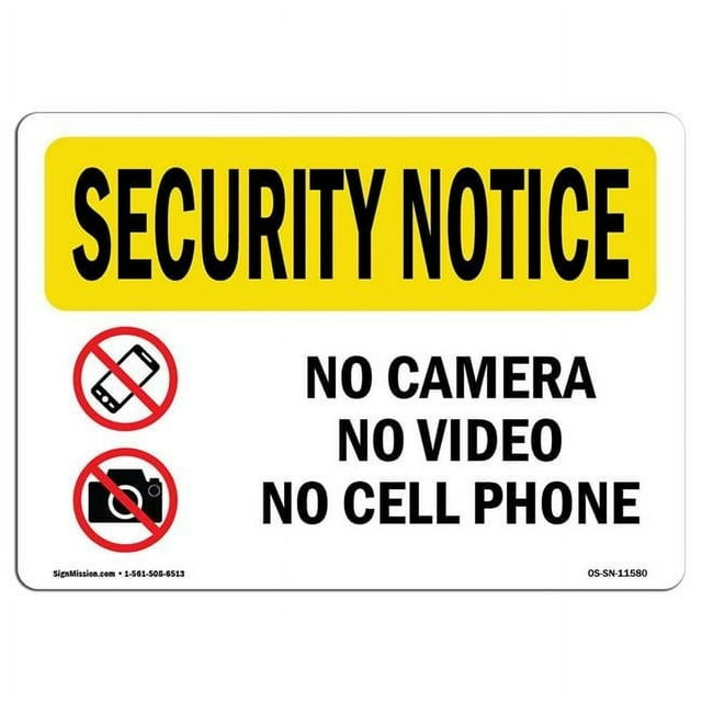 SignMission OS-SN-D-35-L-11580 OSHA Security Notice Sign - No Camera No Video No Cell Phone