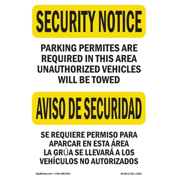 SignMission OS-SN-D-35-L-11621 OSHA Security Notice Sign - Parking Permits Required Bilingual