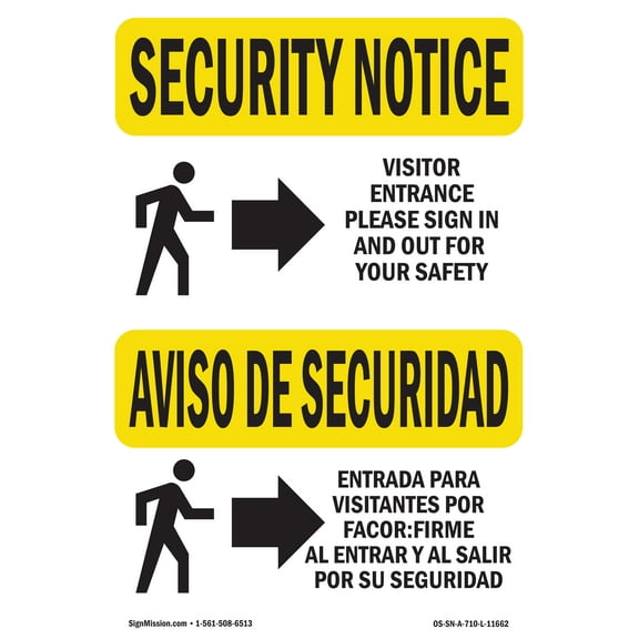 SignMission OS-SN-D-35-L-11662 OSHA Security Notice Sign - Visitor Entrance Sign in Bilingual