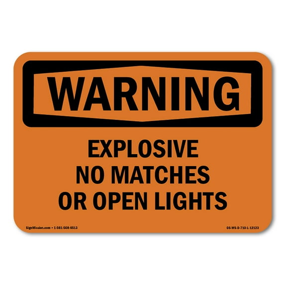 SignMission OS-WS-A-1824-L-12123 18 x 24 in. OSHA Warning Sign - Explosive No Matches or Open Lights