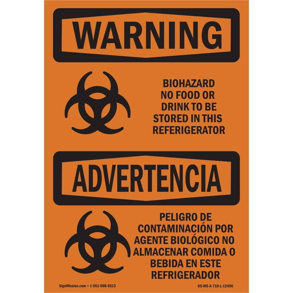SignMission OS-WS-A-1824-L-12496 18 x 24 in. OSHA Warning Sign - Biohazard No Food or Drink Bilingual