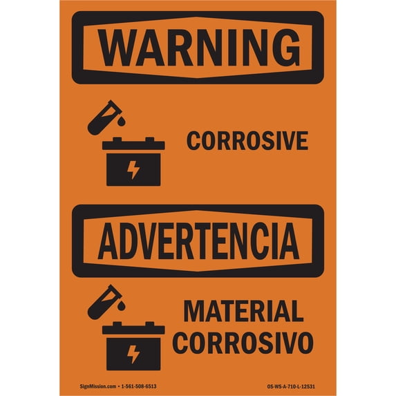 SignMission OS-WS-A-1824-L-12531 18 x 24 in. OSHA Warning Sign - Corrosive - Material Corrosivo Bilingual