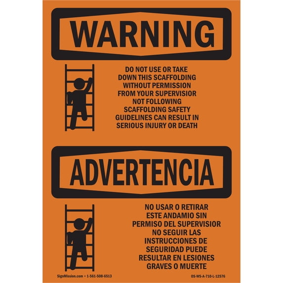SignMission OS-WS-A-1824-L-12576 18 x 24 in. OSHA Warning Sign - Do Not Use Take Down Scaffolding Bilingual