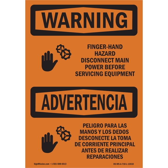 SignMission OS-WS-A-1824-L-12610 18 x 24 in. OSHA Warning Sign - Finger - Hand Hazard Bilingual