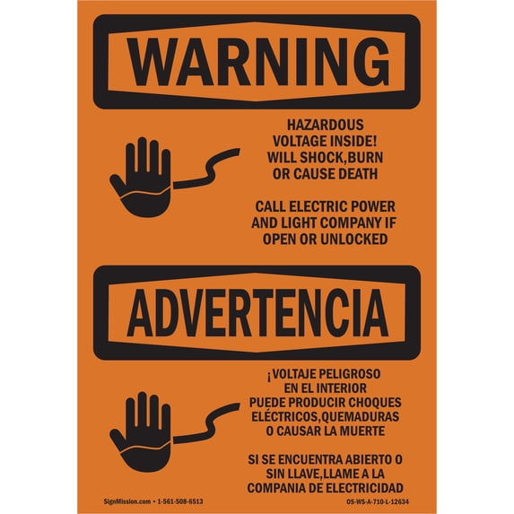 SignMission OS-WS-A-1824-L-12634 18 x 24 in. OSHA Warning Sign - Hazardous Voltage Shock Burn Bilingual