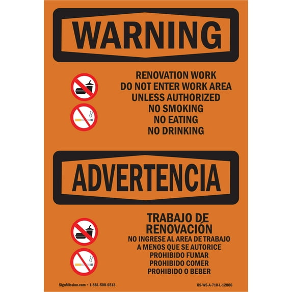 SignMission OS-WS-A-1824-L-12806 18 x 24 in. OSHA Warning Sign - Renovation Work Do Not Enter Work Area