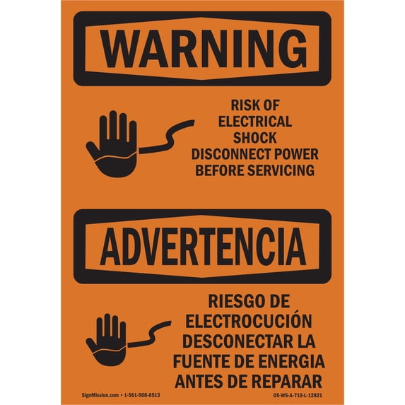 SignMission OS-WS-A-1824-L-12821 18 x 24 in. OSHA Warning Sign - Risk of Electrical Shock Disconnect