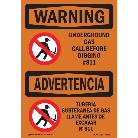 SignMission OS-WS-A-1824-L-12864 18 x 24 in. OSHA Warning Sign - Underground Gas Call No.811 Bilingual