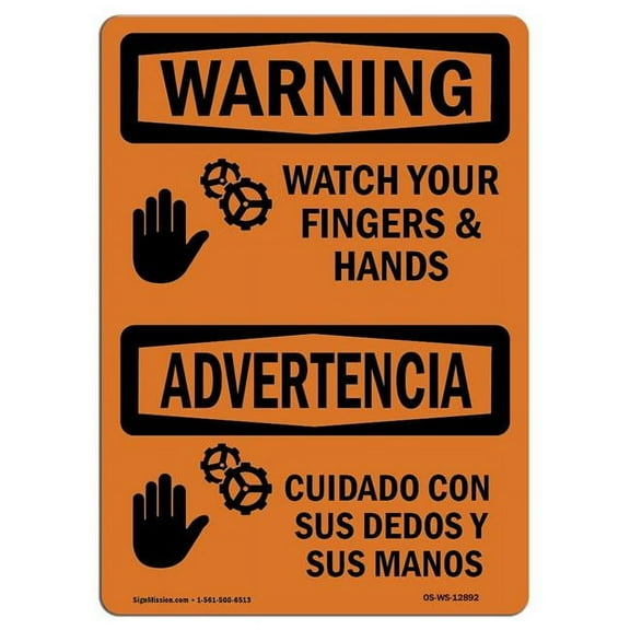 SignMission OS-WS-A-1824-L-12892 18 x 24 in. OSHA Warning Sign - Watch Your Fingers & Hands Bilingual