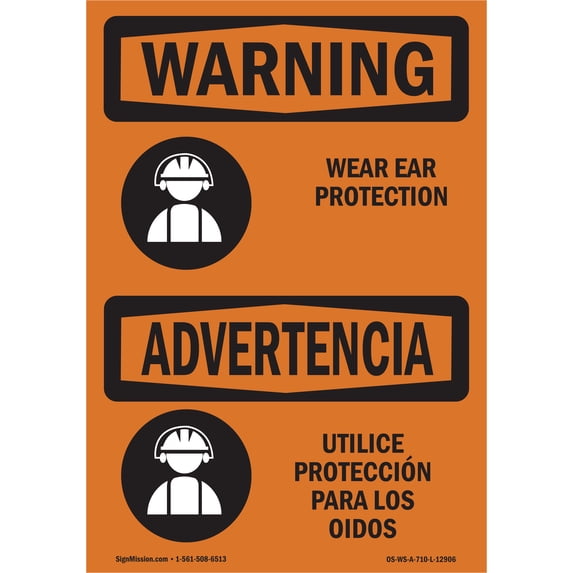 SignMission OS-WS-A-1824-L-12906 18 x 24 in. OSHA Warning Sign - Wear Ear Protection with Symbol Bilingual