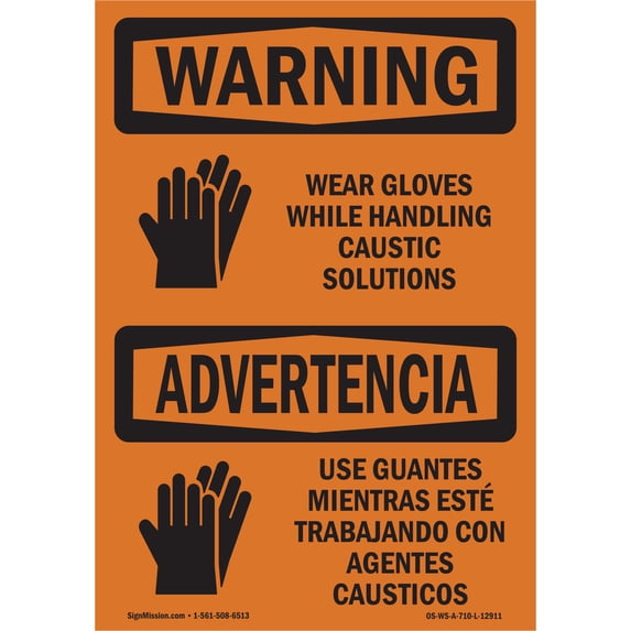 SignMission OS-WS-A-1824-L-12911 18 x 24 in. OSHA Warning Sign - Wear Gloves Caustic Solutions Bilingual