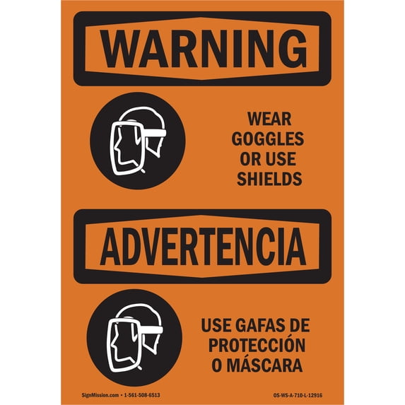 SignMission OS-WS-A-1824-L-12916 18 x 24 in. OSHA Warning Sign - Wear Goggles Face Shield Bilingual