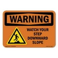 thumbnail image 1 of SignMission OS-WS-A-1824-L-12942 18 x 24 in. OSHA Warning Sign - Watch Your Step Downward Slope with Symbol, 1 of 6
