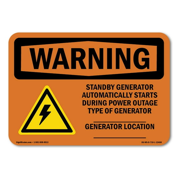SignMission OS-WS-D-1014-L-12408 OSHA Warning Sign - Standby Generator Automatically with Symbol