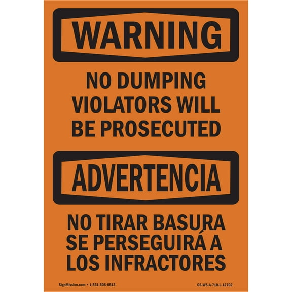 SignMission OS-WS-D-1014-L-12702 OSHA Warning Sign - No Dumping Violators Prosecuted Bilingual