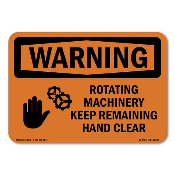SignMission OS-WS-D-35-L-12384 OSHA Warning Sign - Rotating Machinery Keep Remaining with Symbol