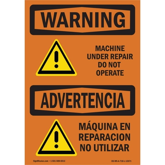 SignMission OS-WS-D-35-L-12671 OSHA Warning Sign - Machine Under Repair Not Operate Bilingual