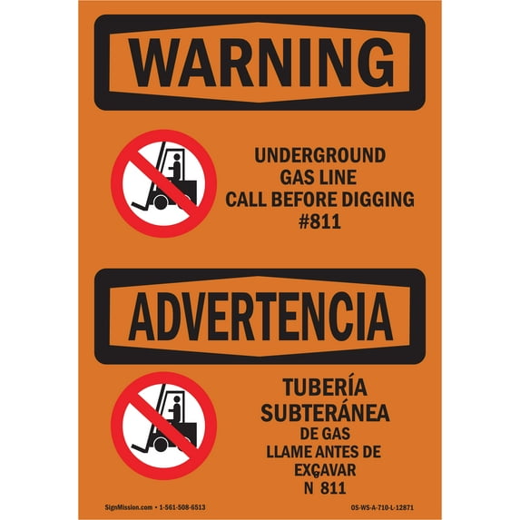 SignMission OS-WS-D-35-L-12871 OSHA Warning Sign - Underground Gas Line Call No.811 Bilingual